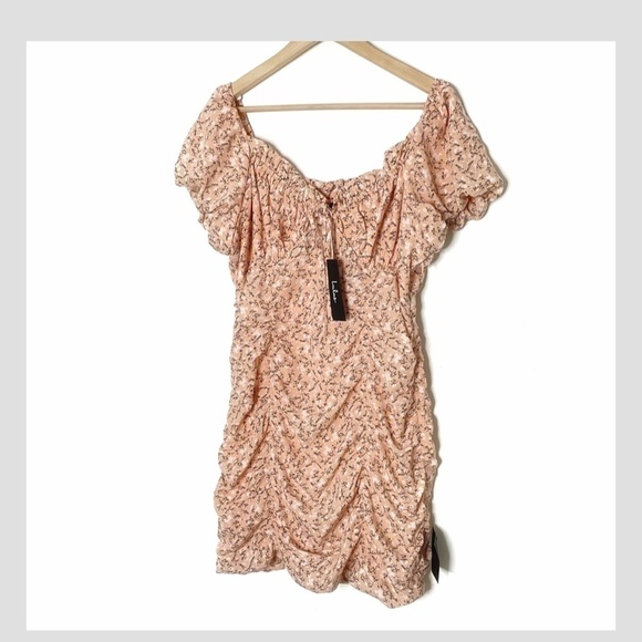 NWT Lulus Reason To Be Dress Ditsy Floral Off Shoulder Ruched Mini Dress Size L - Picture 2 of 11